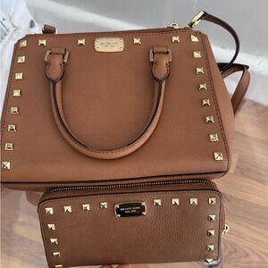 Michael Kors Brown Studded Handbag and Wallet Set